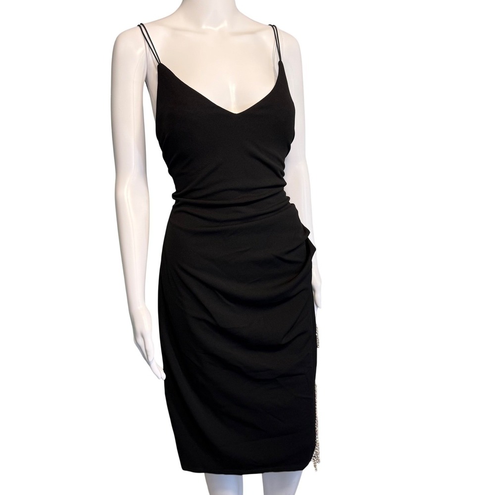 NWT Black Rhinestone Fringe Slit Open Back Mini Bodycon Dress Cocktail Party Y2K